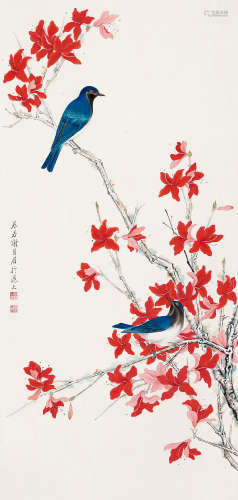 谢月眉（1906～1998） 红叶双雀 立轴 设色纸本