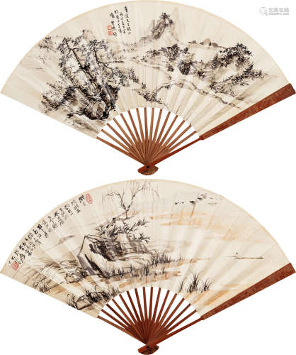 张大千（1899～1983）梦樵 垂钓图 松山图 成扇 设色纸本