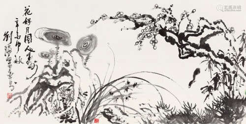刘海粟（1896～1994） 1981年作 花好月圆人寿 镜片 水墨纸本