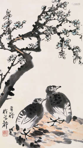 李苦禅（1899～1983） 白梅双禽 镜片 设色纸本