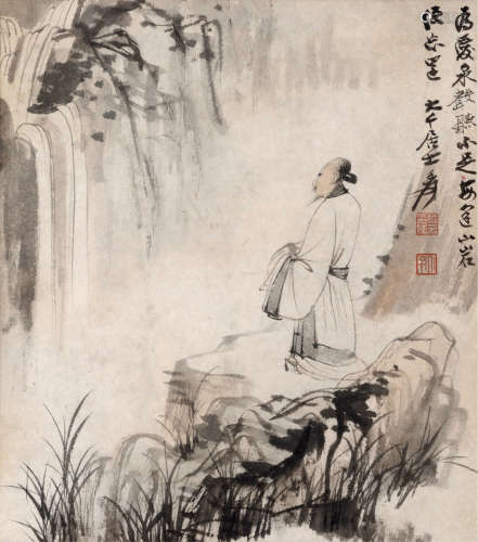 张大千（1899～1983） 听泉声 镜框 设色纸本