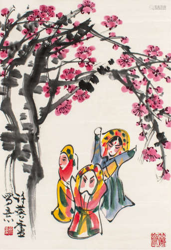 许麟庐（1916～2011） 梅花戏偶 立轴 设色纸本