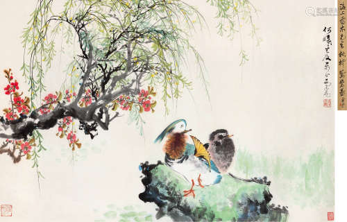 乔木（1920～2002） 桃柳鸳鸯 立轴 设色纸本