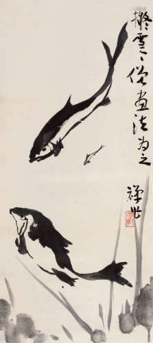 李苦禅（1899～1983） 墨鱼 镜片 水墨纸本