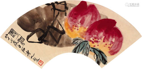 齐白石（1863～1957） 寿酒 扇片 设色纸本