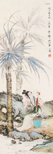 胡也佛（1908～1980） 1948年作 蕉叶仕女 镜片 设色之本