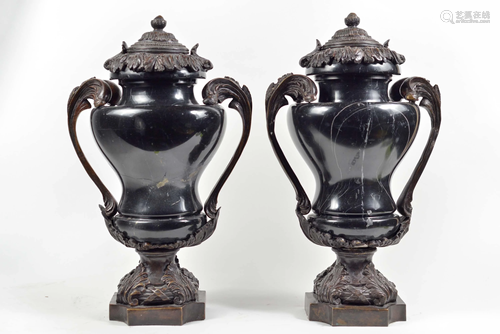 Pair of marble and bronze covered urns