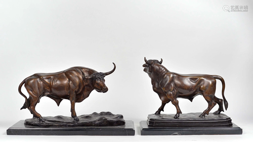 Two bronze sculptures, bulls