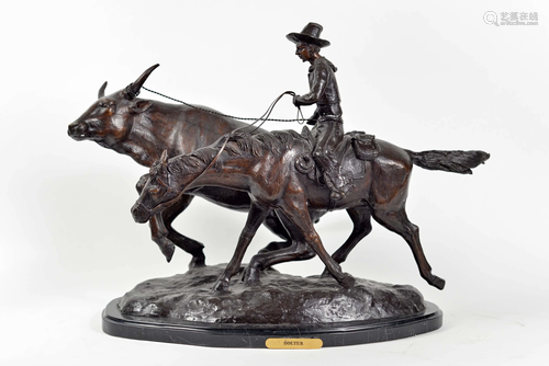 Bronze sculpture, cowboy and ox