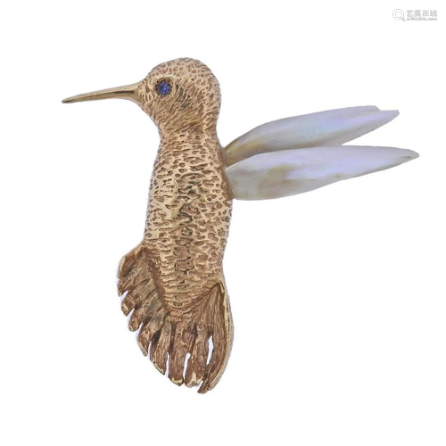 Ruser 14k Gold Pearl Sapphire Hummingbird Brooch