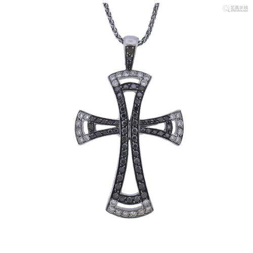 18k Gold Black White Diamond Cross Pendant Necklace