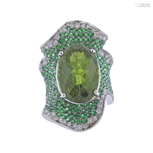 14k Gold Tsavorite Garnet Peridot Diamond Ring