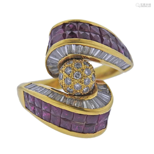 18k Gold Ruby Diamond Bypass Ring