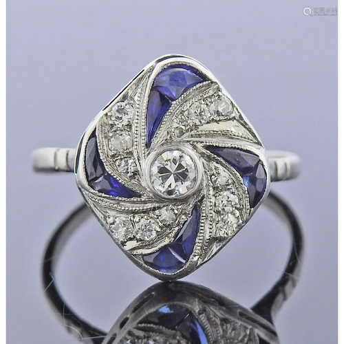 Art Deco Platinum Diamond Sapphire Ring