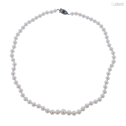 Art Deco Platinum Diamond Emerald Pearl Necklace