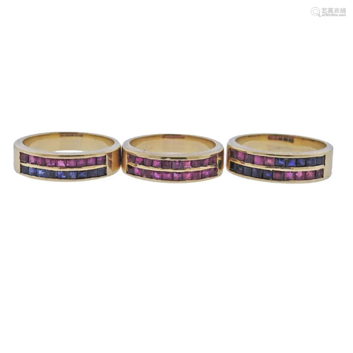 18k Gold Sapphire Ruby Stackable Ring Set of 3