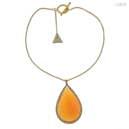 Mishara 131ct Fire Opal Diamond 18k Gold Necklace