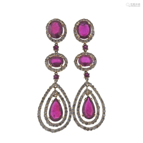 14k Gold 15.62ctw Synthetic Ruby Diamond Drop Earrings