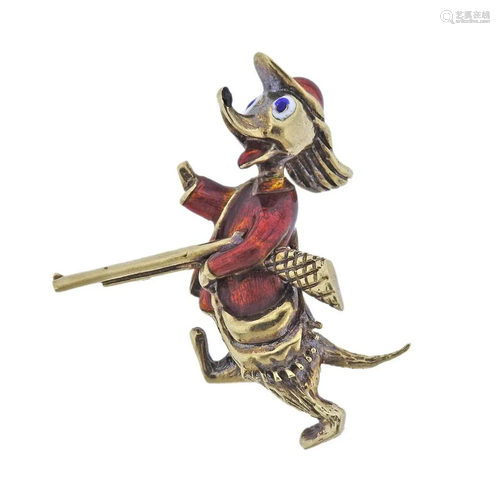 Martine 14k Gold Enamel Hunter Dog Brooch