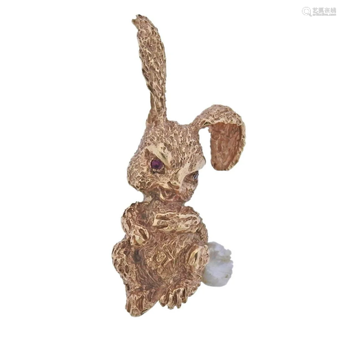 Ruser 14k Gold Ruby Pearl Bunny Rabbit Brooch