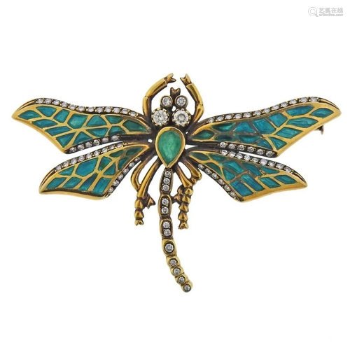 14k Gold Diamond Plique a Jour Dragonfly Brooch Pin