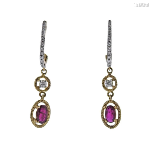 Kallati Yellow Gold Diamond Ruby Drop Earrings