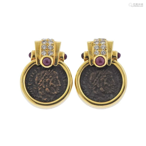 14k Gold Coin Ruby Diamond Earrings