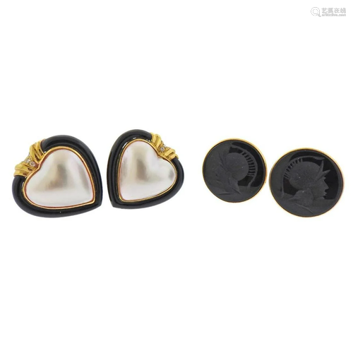 14k Gold Mabe Pearl Onyx Intaglio Diamond Earrings 2pc