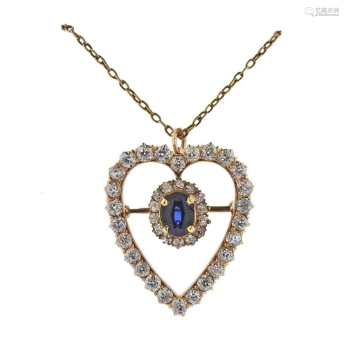 Antique Victorian 14k Gold Diamond Sapphire Heart