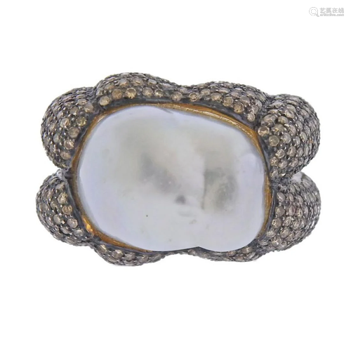 18k Gold Silver Diamond Baroque Pearl Ring