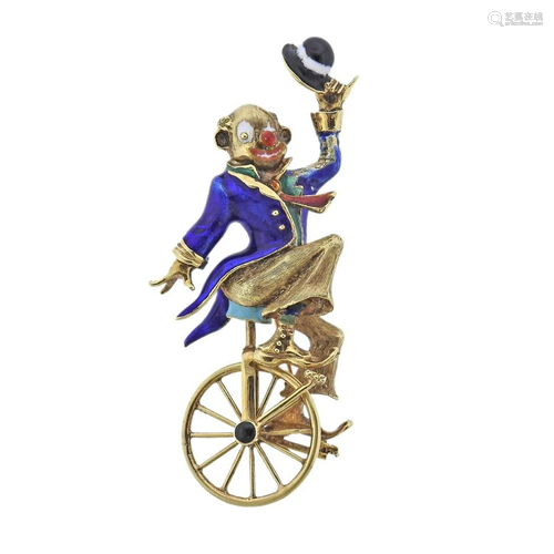 Vintage 14k Gold Circus Unicycle Rider Enamel Brooch