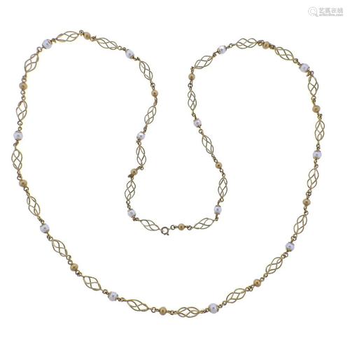 Italian 18k Gold Pearl Long Necklace