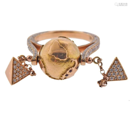 Mishara 18k Gold Diamond Ruby Globe Charm Ring