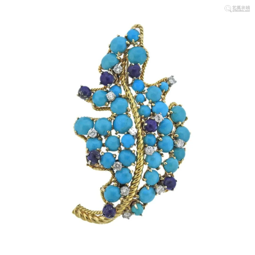 Tibor 18k Gold Lapis Turquoise Diamond Leaf Brooch