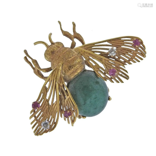 18k Gold Ruby Diamond Gemstone Insect Brooch