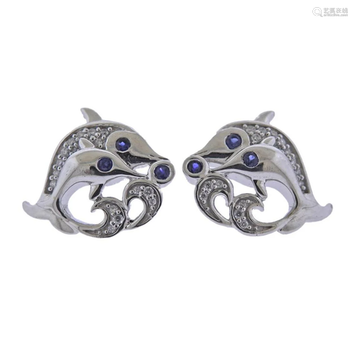 Kallati White Gold Diamond Sapphire Dolphin Earrings