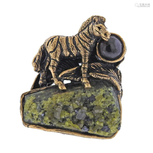 Large Brass Druzy Quartz Zebra Ring