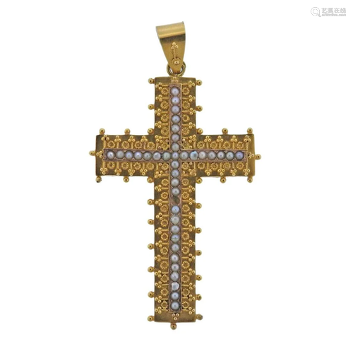 Castellani 15k Seed Pearl Cross Pendant