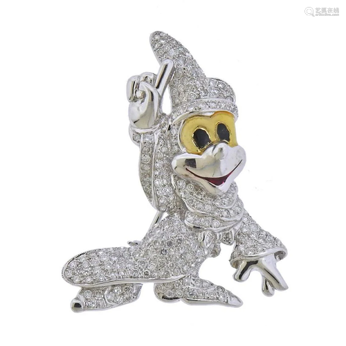 18k Gold Diamond Enamel Fantasia Mickey Mouse Brooch