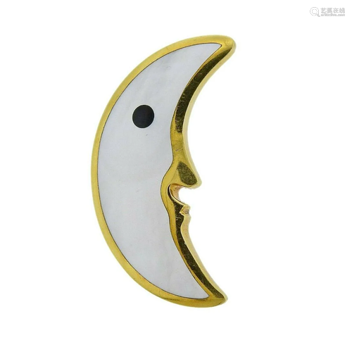 Tiffany & Co MOP Onyx Gold Moon Brooch Pin.