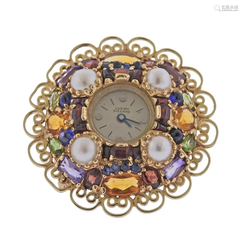 Lucien Piccard Gold Gem Watch Brooch Travel Clock