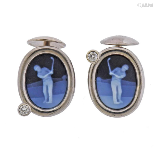 18k Gold Hardstone Cameo Diamond Golfer Cufflinks