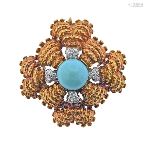 1960s 18k Gold Turquoise Diamond Pendant Brooch