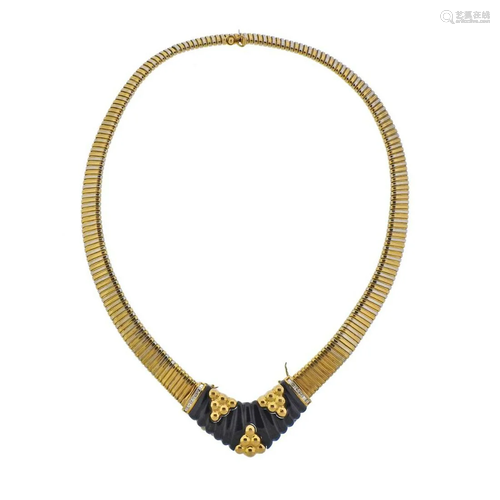 18k Gold Diamond Onyx Tubogas Style Necklace