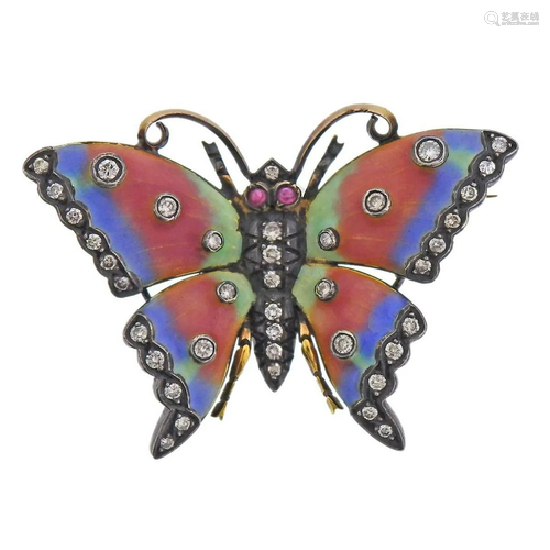 18k Gold Silver Enamel Diamond Ruby Butterfly Brooch