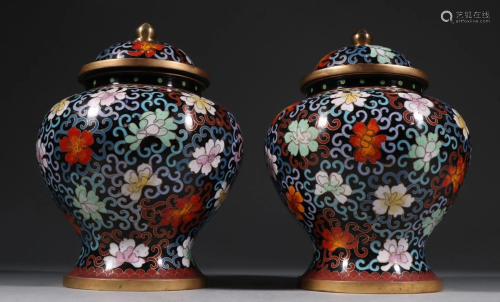 PAIR OF CLOISONNE JARS WITH COVER