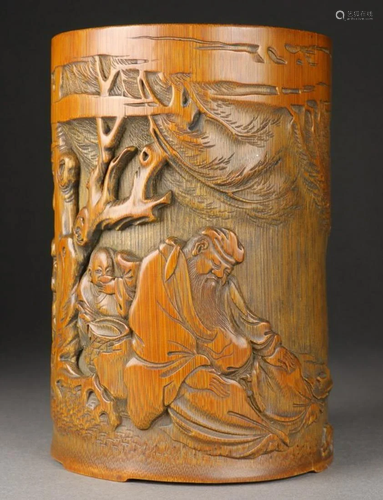 BAMBOO CARVED FIGURE STORY PATTERN BRUSH POT