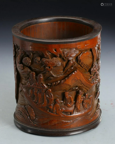 BAMBOO CARVED FIGURE STORY PATTERN BRUSH POT