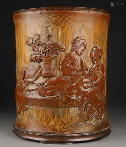 WU ZHIPAN MARK BAMBOO CARVED FIGURE PATTERN BRUSH POT