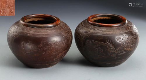 PAIR OF QIANLONG MARK GOURD FLOWER BIRD PATTERN GO …